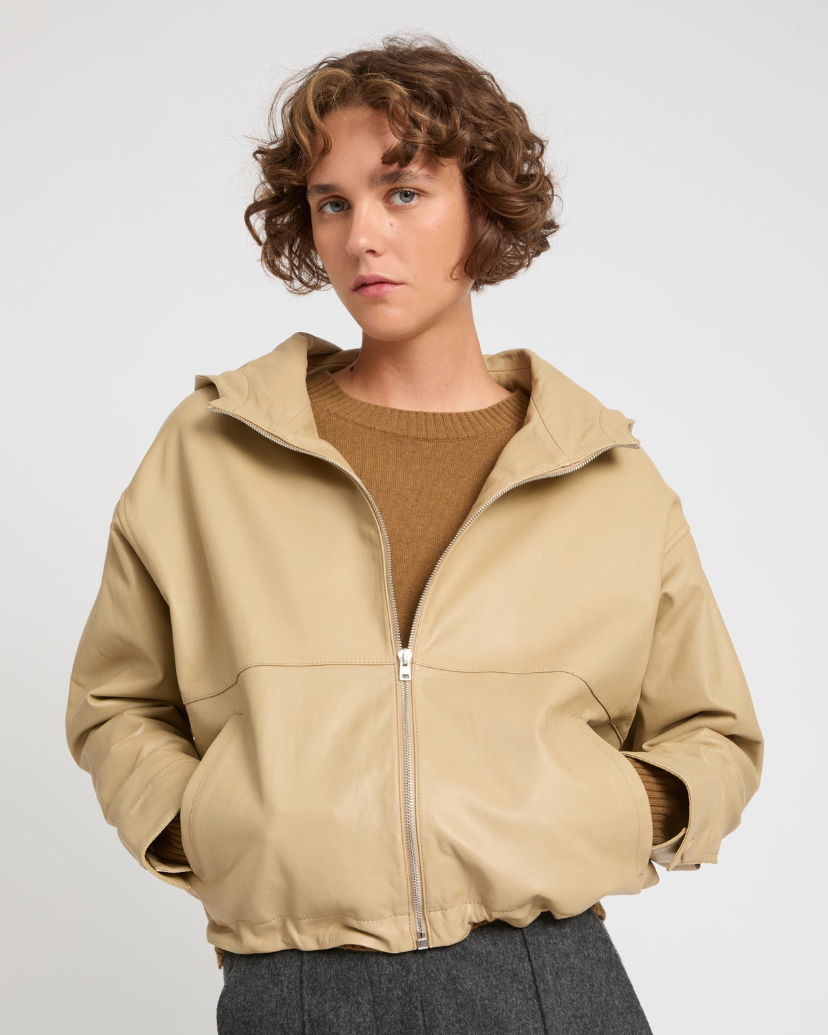 Hoodie jacket in lamb leather