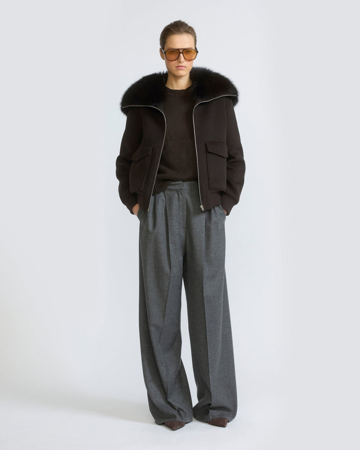 Cropped jacket in cashmere wool with fox fur collar