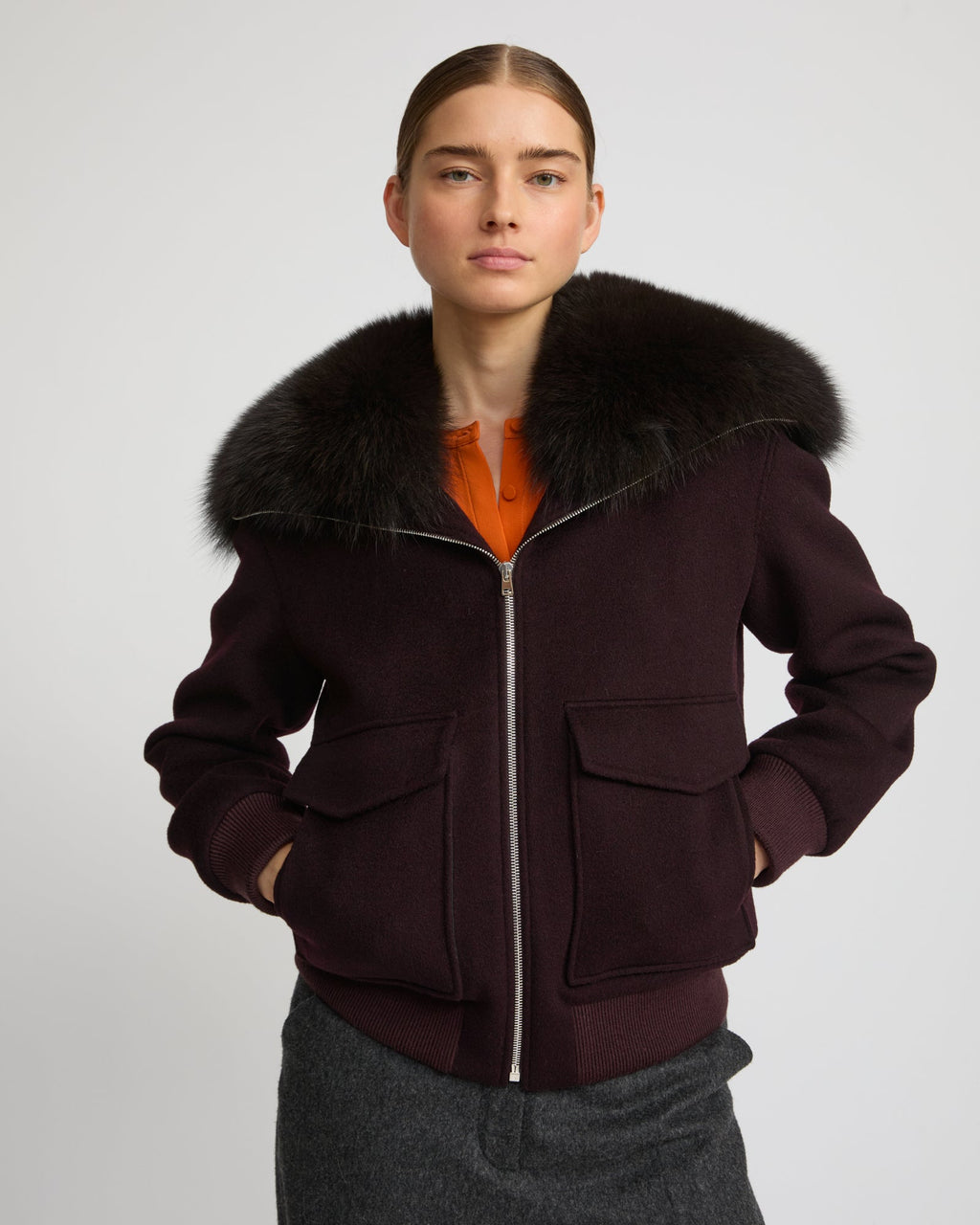Cropped jacket in cashmere wool with fox fur collar