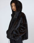 Short reversible water-repellent technical fabric jacket with mink fur