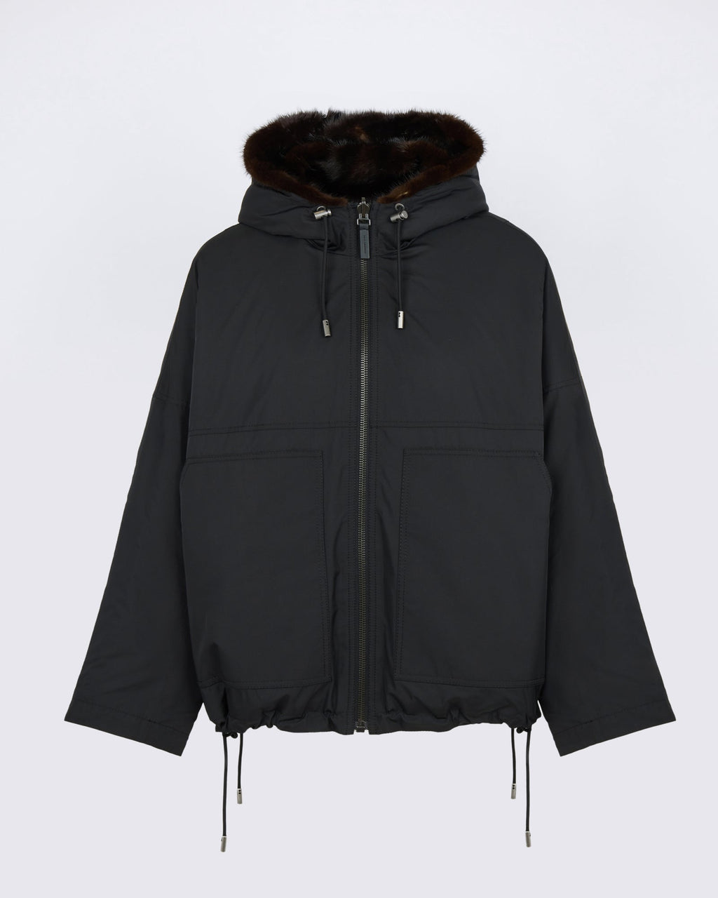 Short reversible water-repellent technical fabric jacket with mink fur