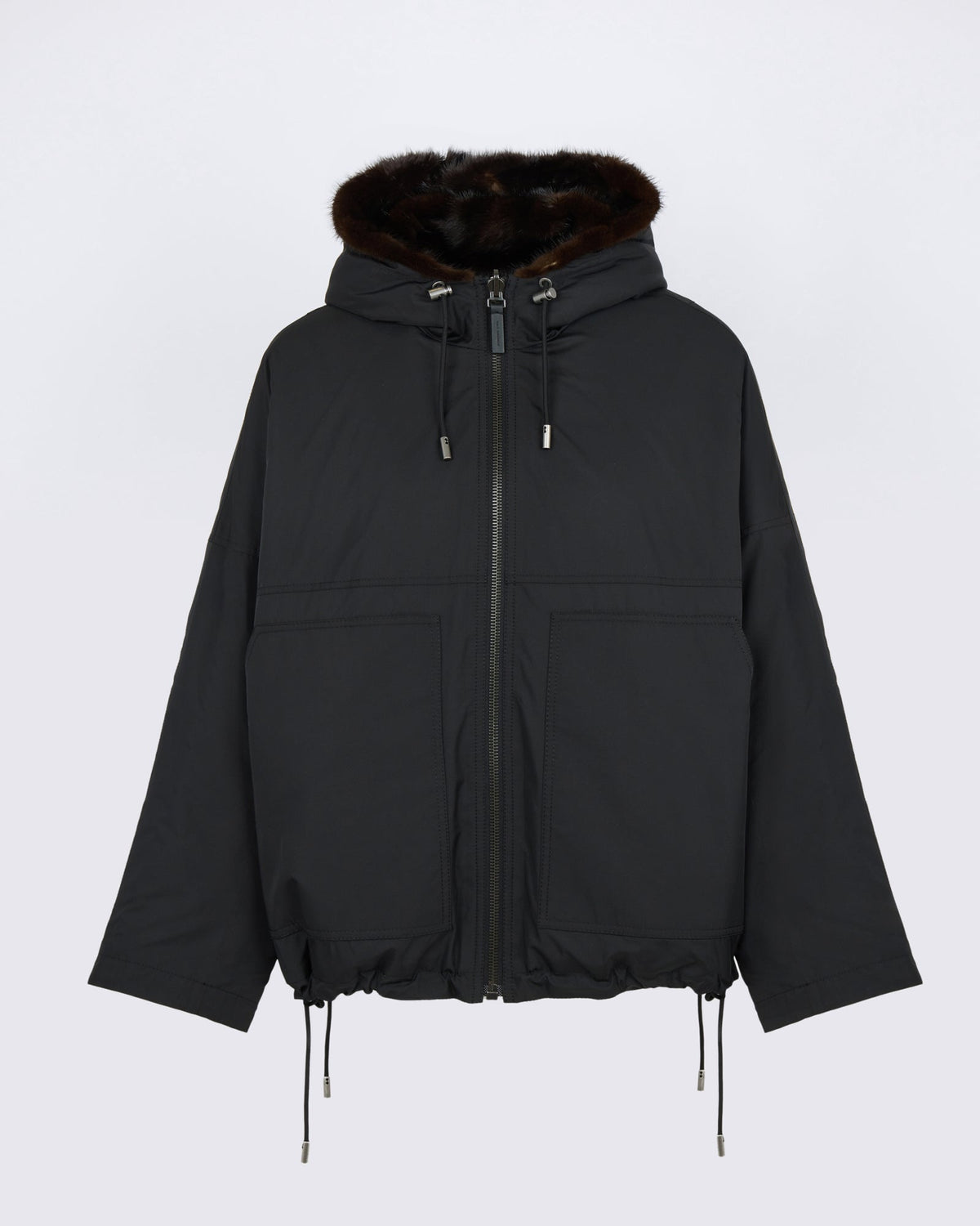 Short reversible water-repellent technical fabric jacket with mink fur