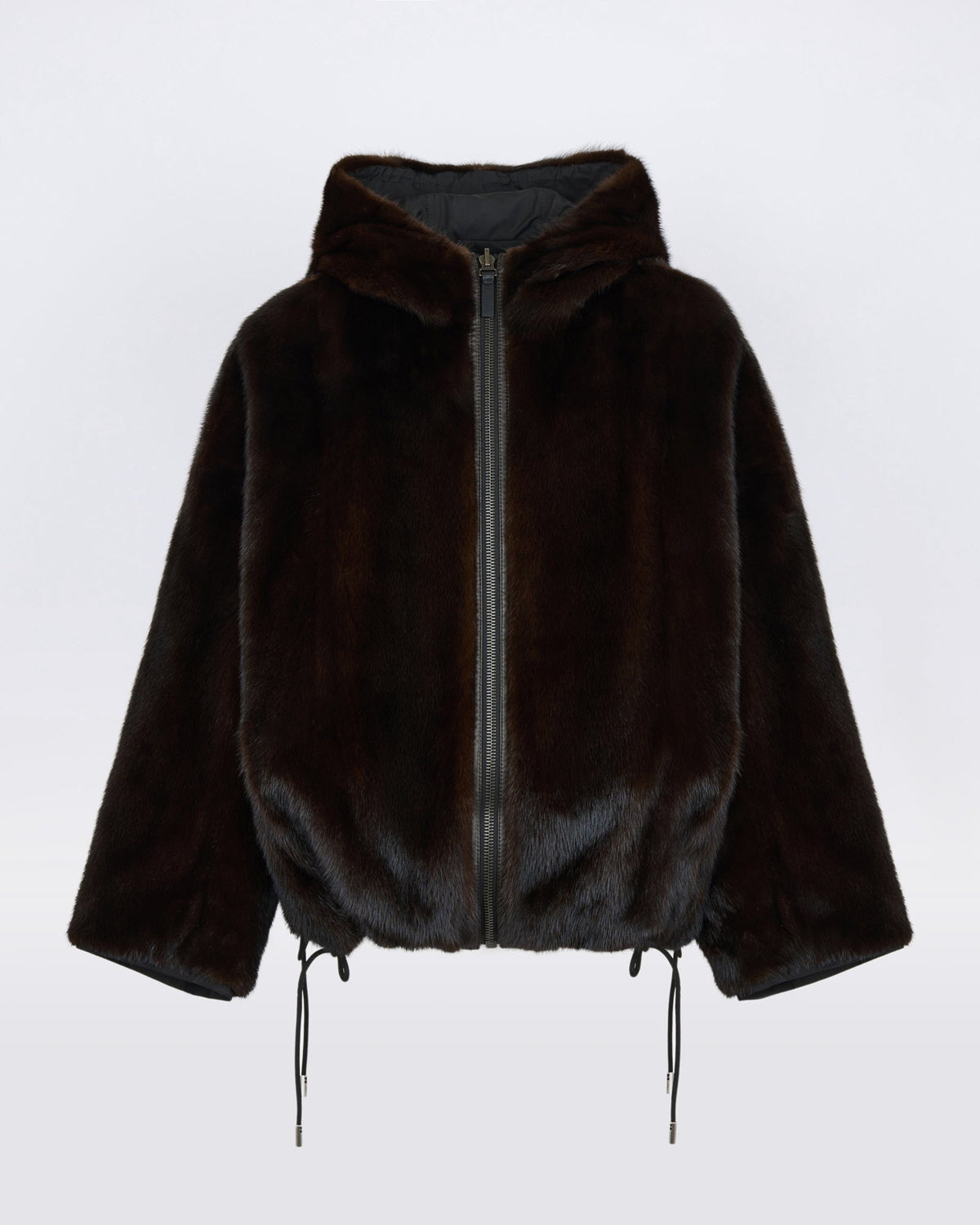 Short reversible water-repellent technical fabric jacket with mink fur