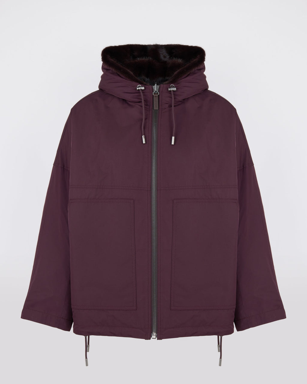 Short reversible water-repellent technical fabric jacket with mink fur