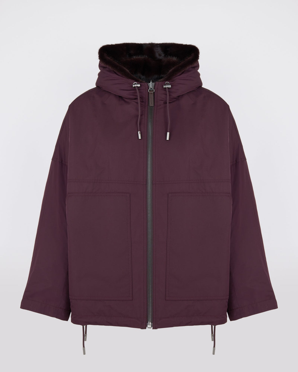 Short reversible water-repellent technical fabric jacket with mink fur
