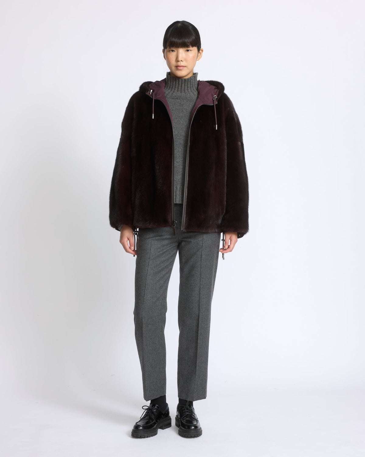 Short reversible water-repellent technical fabric jacket with mink fur