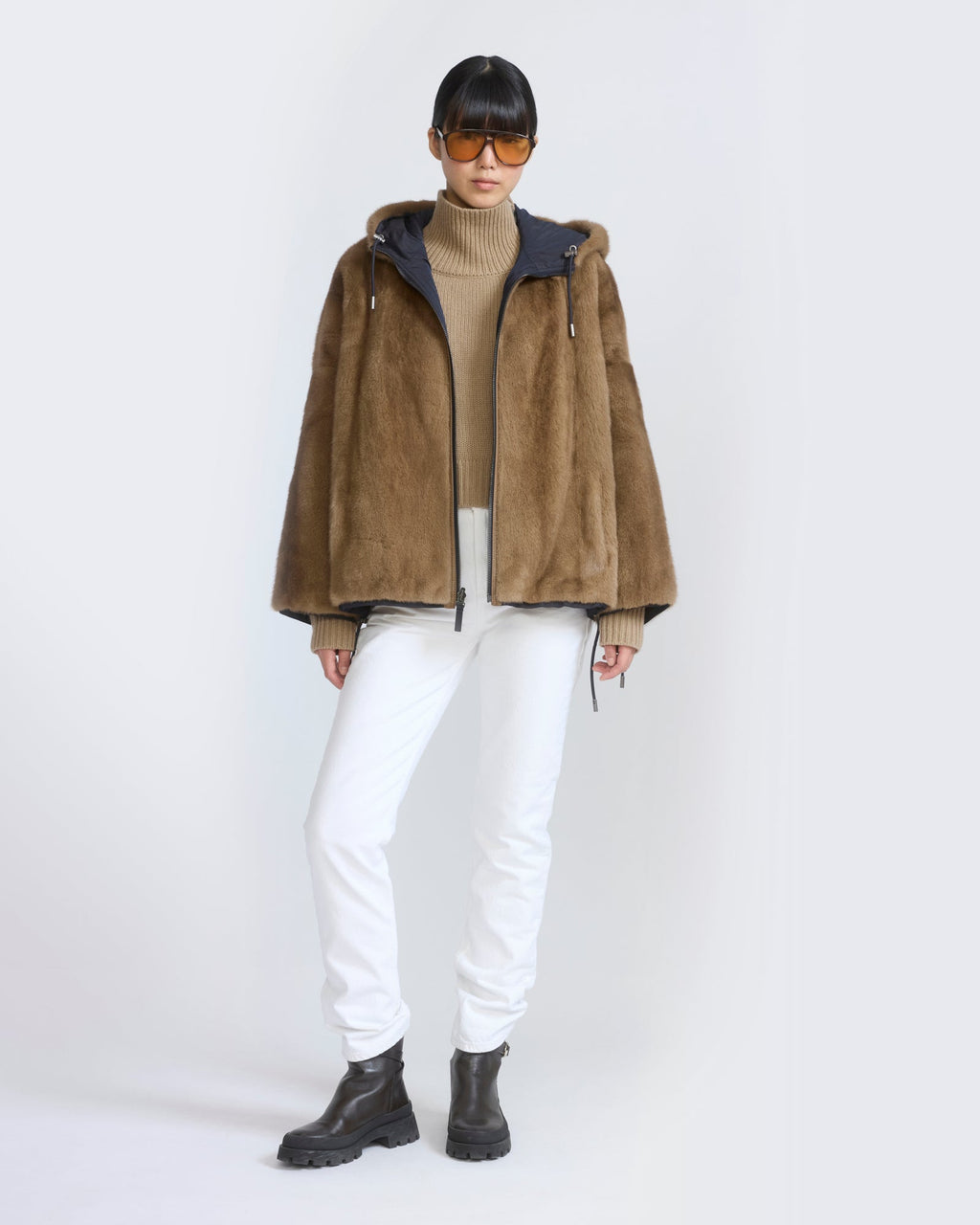 Short reversible water-repellent technical fabric jacket with mink fur