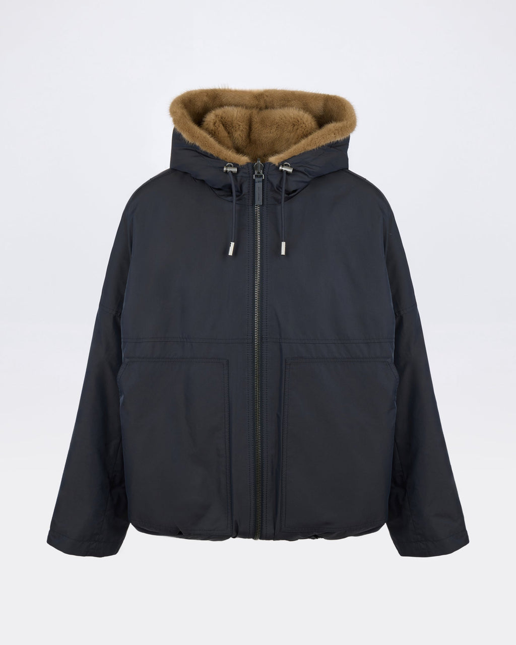 Short reversible water-repellent technical fabric jacket with mink fur