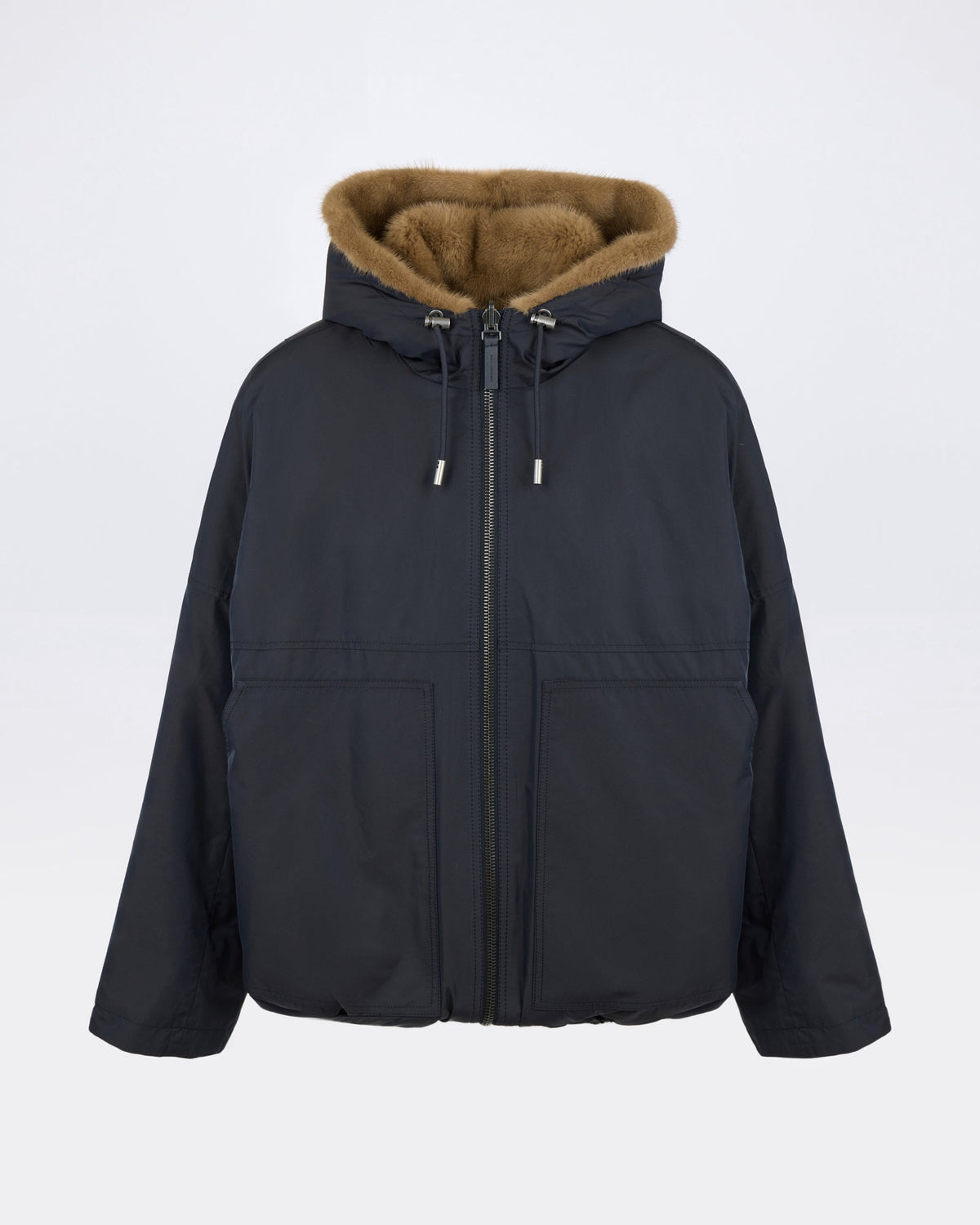 Short reversible water-repellent technical fabric jacket with mink fur
