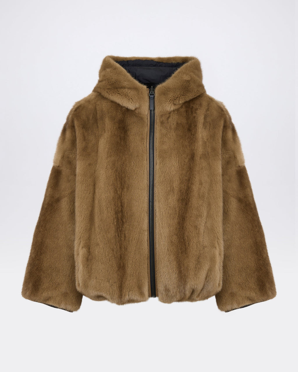 Short reversible water-repellent technical fabric jacket with mink fur