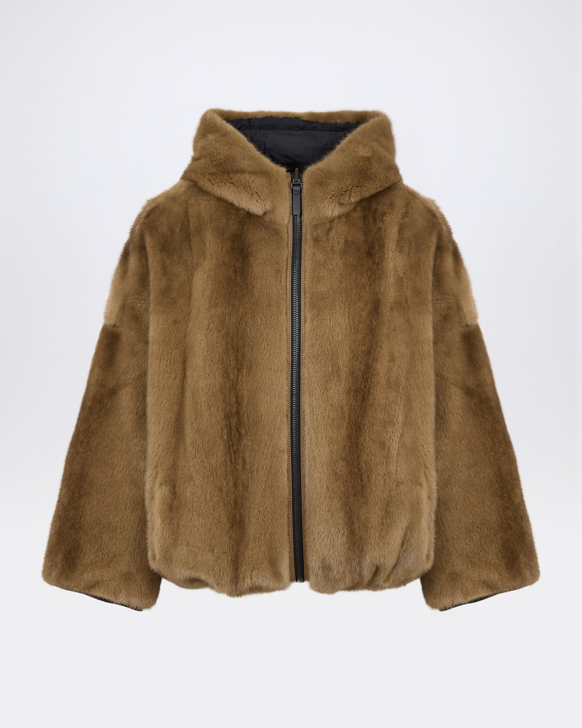 Short reversible water-repellent technical fabric jacket with mink fur