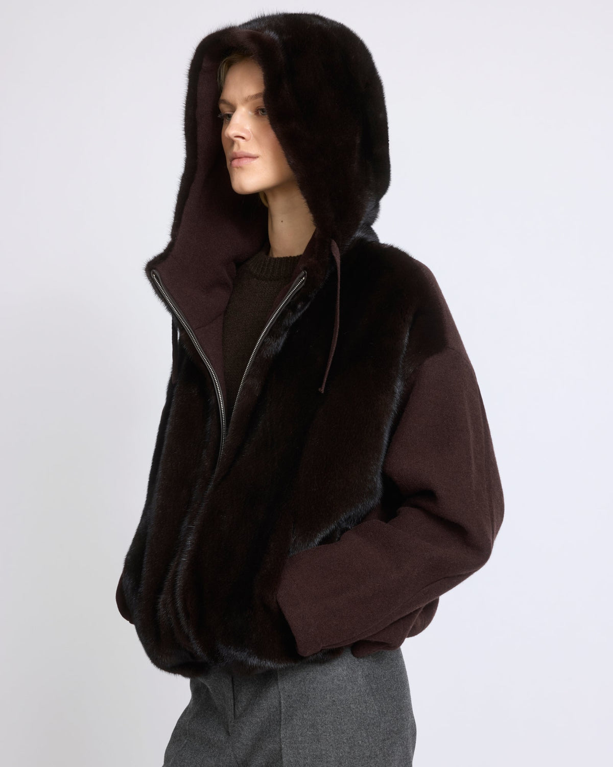 Hooded jacket in mink fur and technical fabric