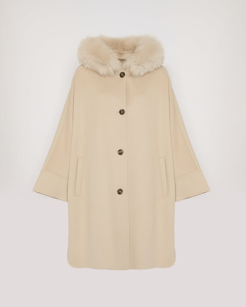 Cashmere blend hooded cape with fox trim