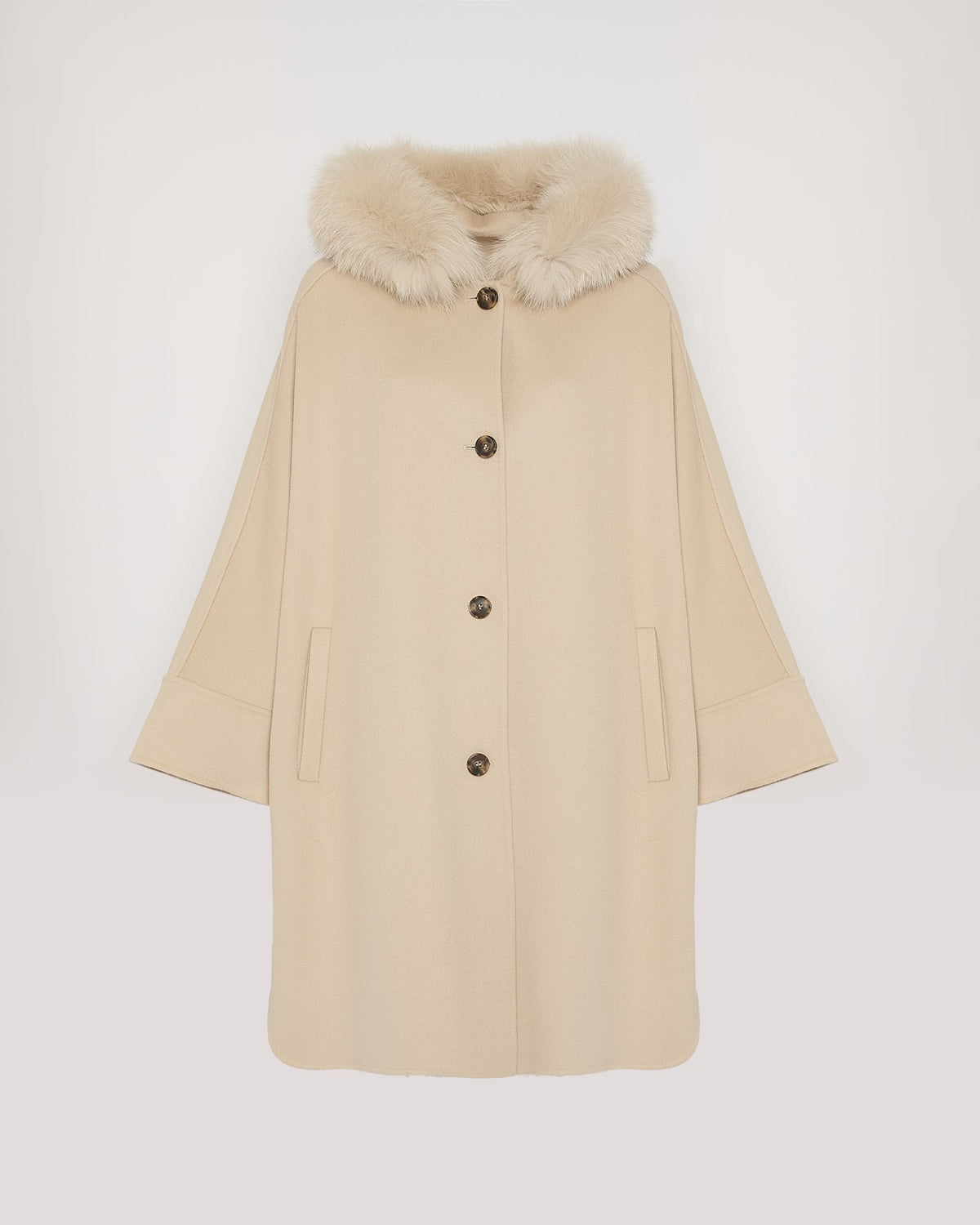 Cashmere blend hooded cape with fox trim