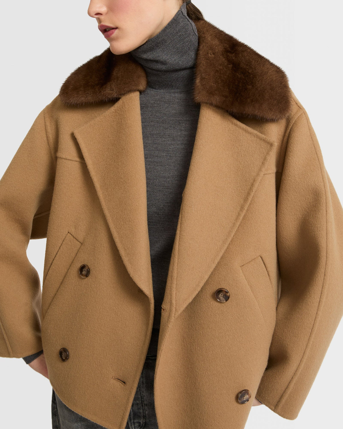 Cashmere blend pea jacket with removable mink fur collar