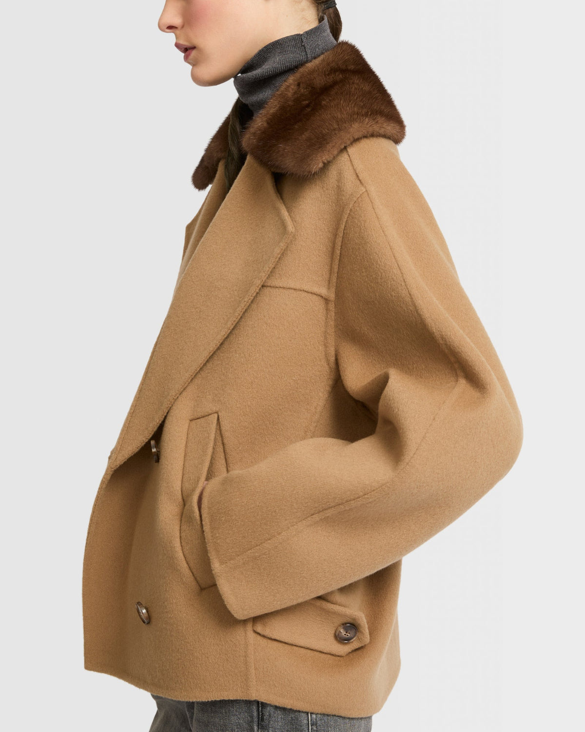 Cashmere blend pea jacket with removable mink fur collar