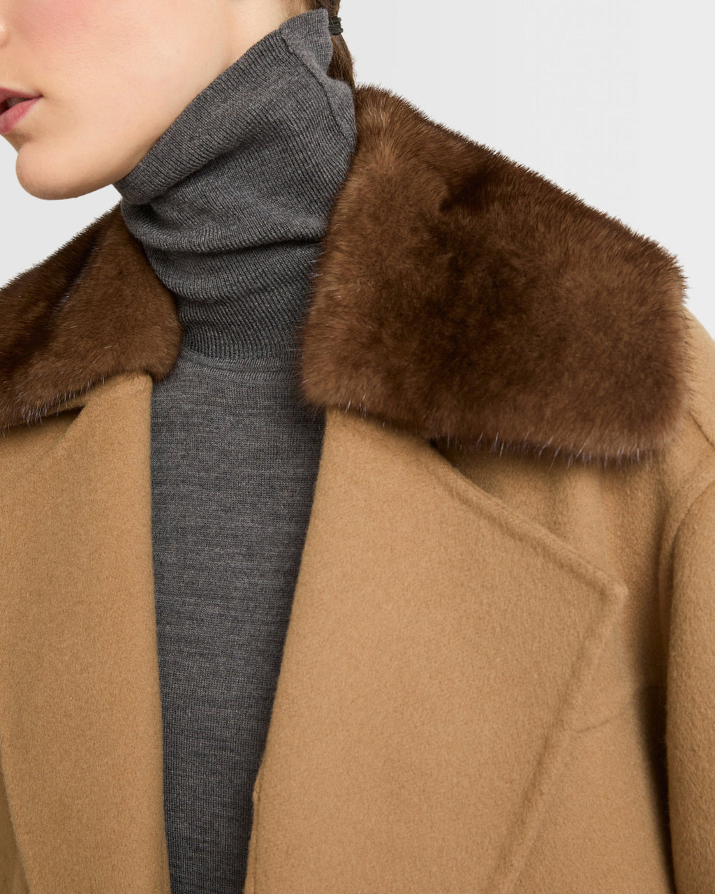 Cashmere blend pea jacket with removable mink fur collar