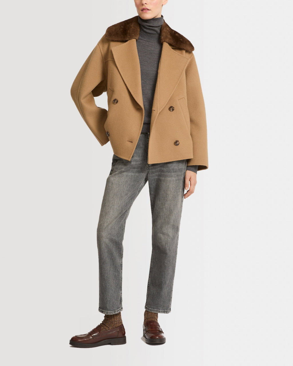 Cashmere blend pea jacket with removable mink fur collar