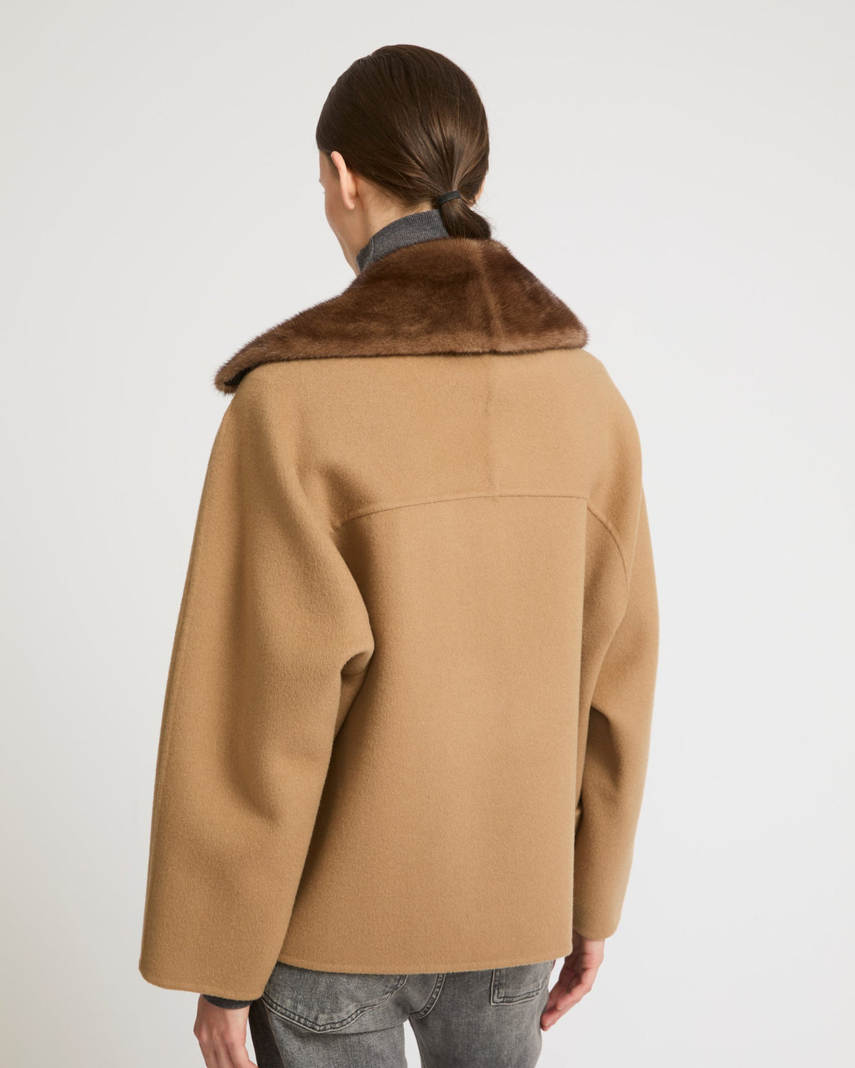 Cashmere blend pea jacket with removable mink fur collar