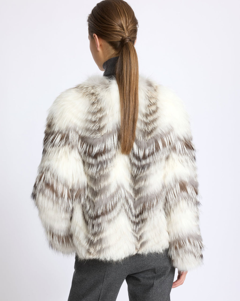 Belted cardigan in merino knit and fox fur