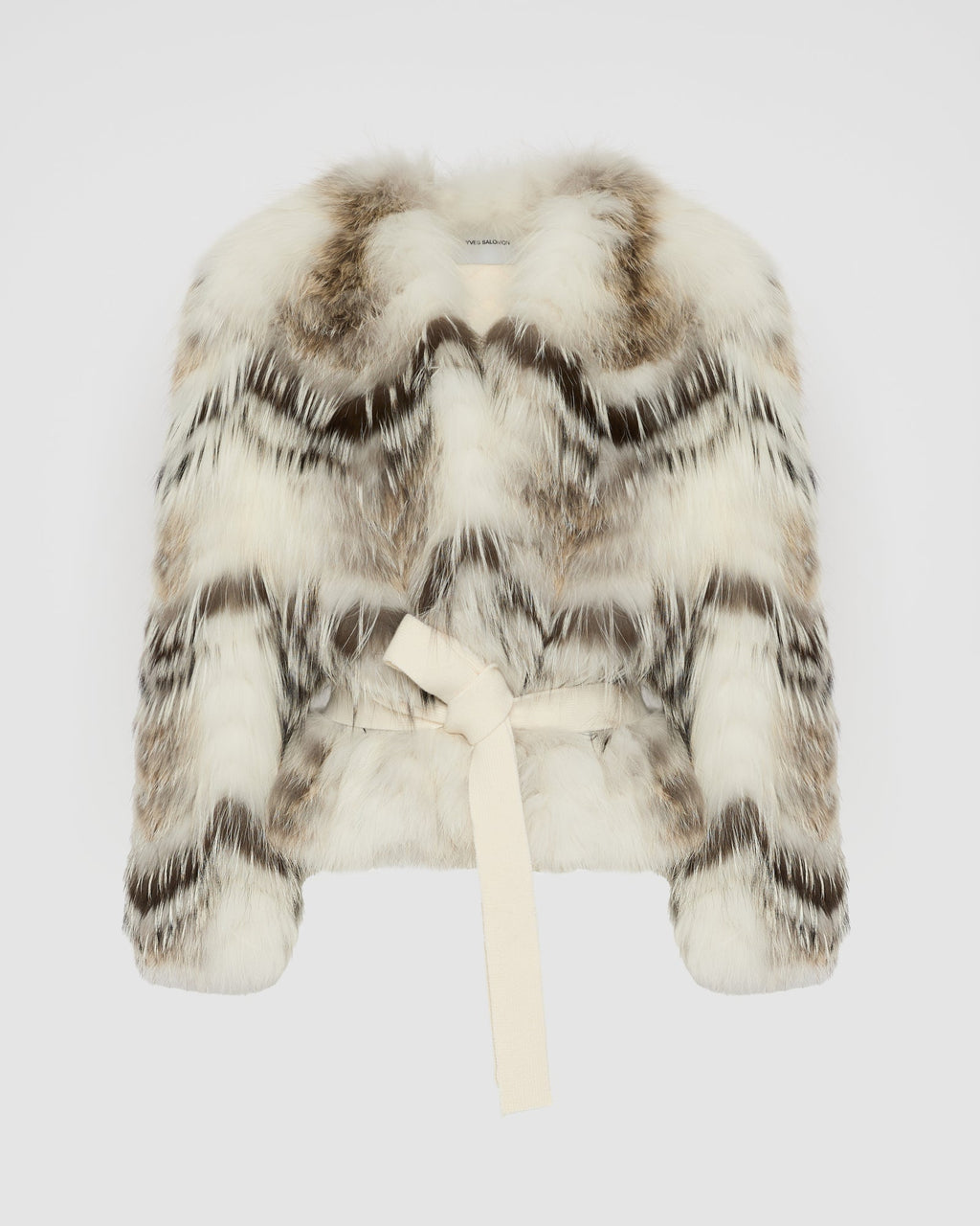 Belted cardigan in merino knit and fox fur