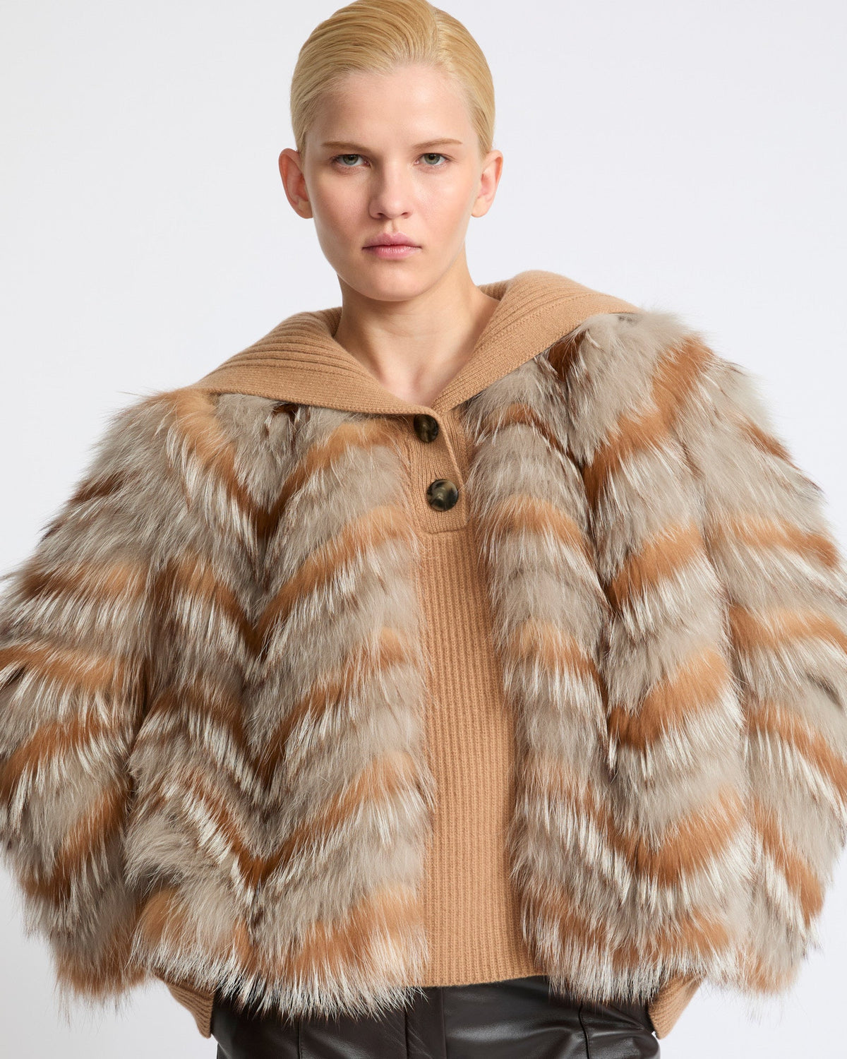Belted jacket in merino knit and fox fur