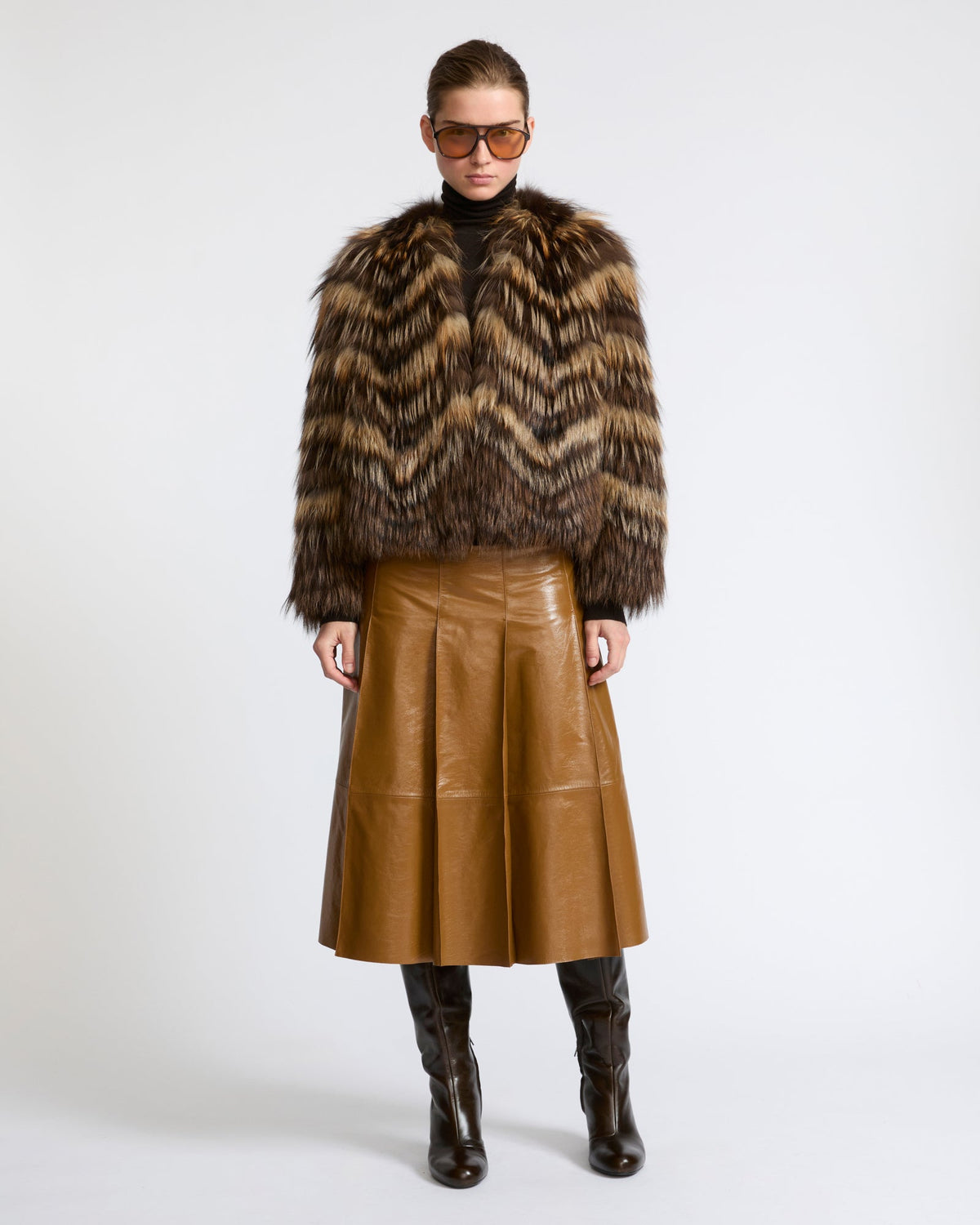 Belted jacket in merino knit and fox fur