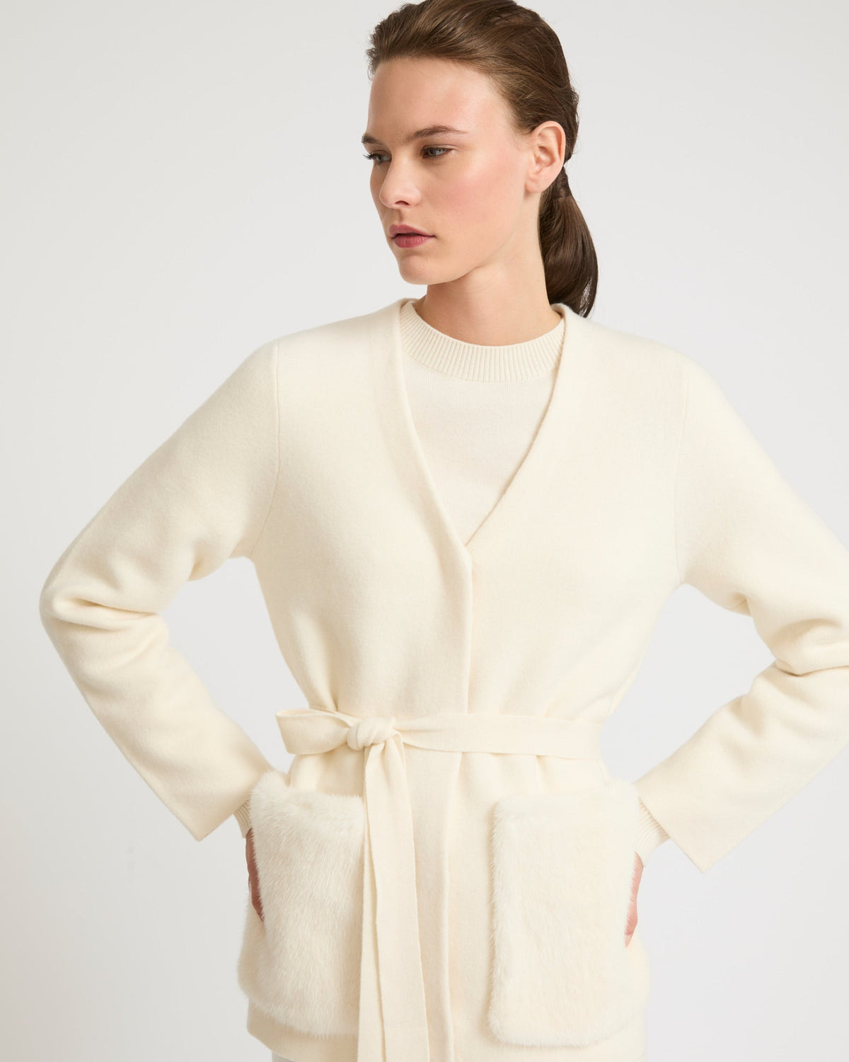 Belted knit and mink fur jacket