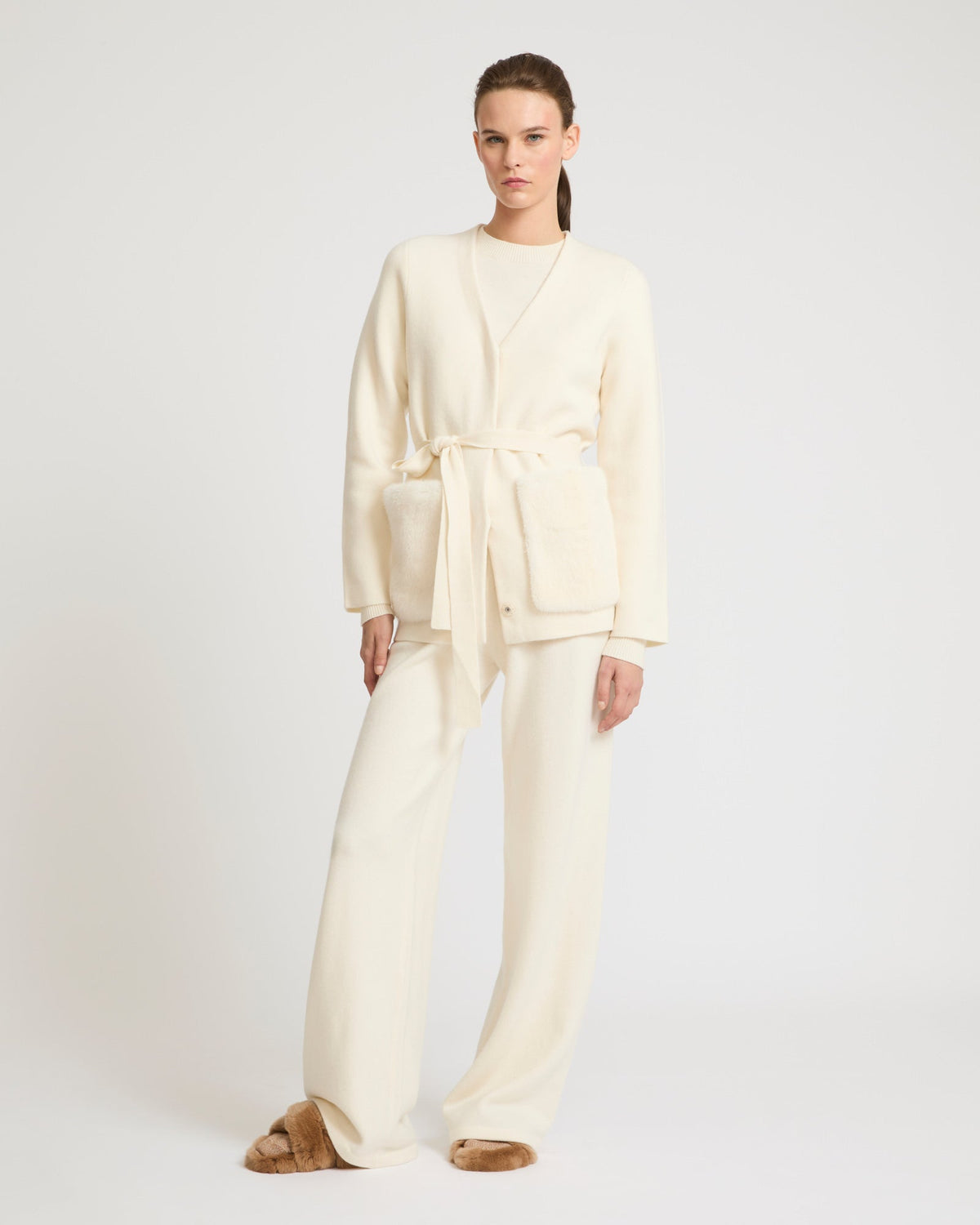 Belted knit and mink fur jacket