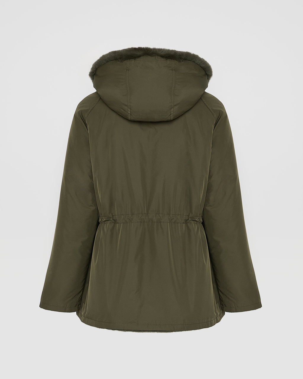 Reversible hooded jacket in rabbit rex fur and technical fabric