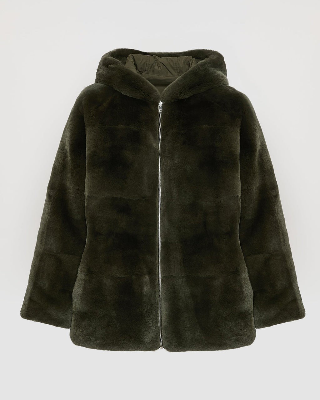 Reversible hooded jacket in rabbit rex fur and technical fabric