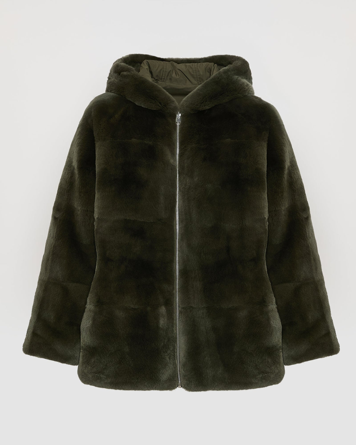 Reversible hooded jacket in rabbit rex fur and technical fabric