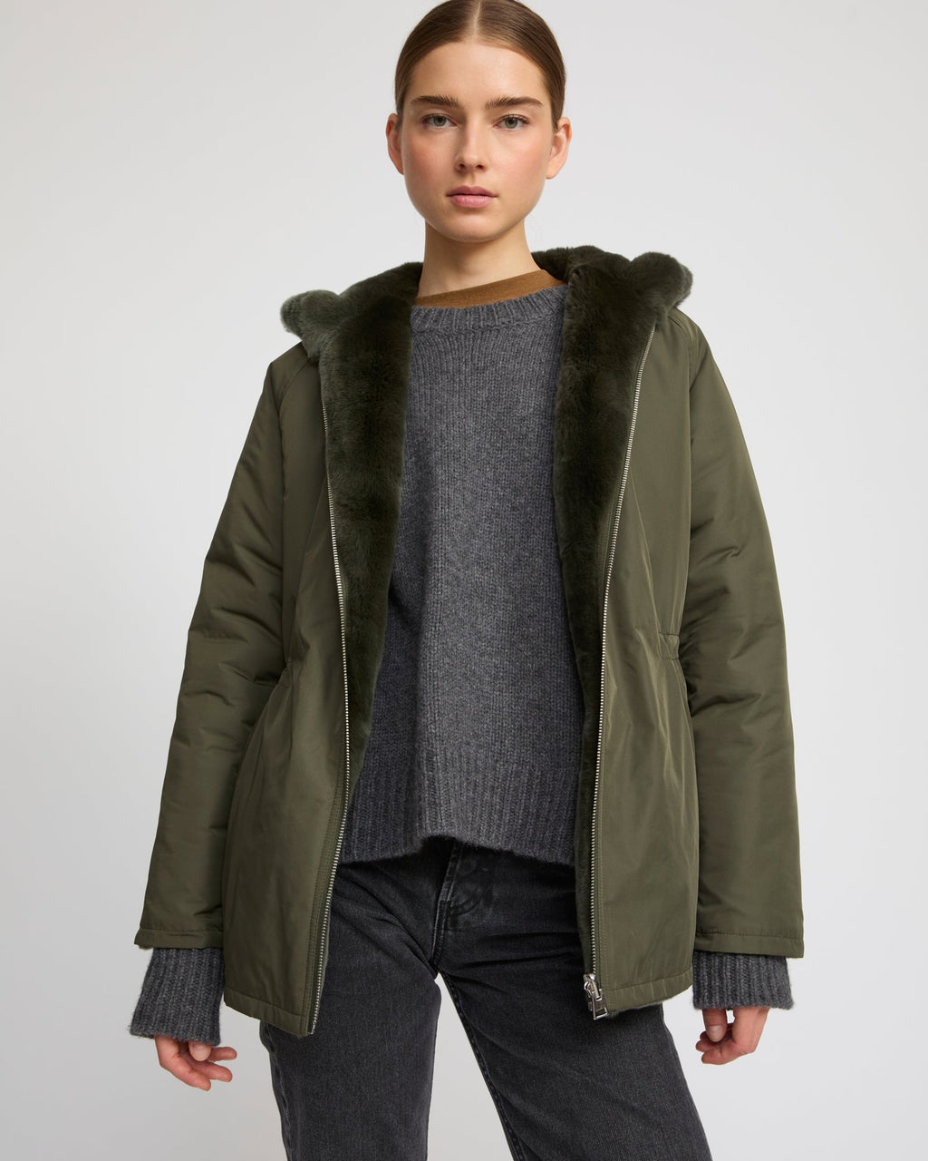 Reversible hooded jacket in rabbit rex fur and technical fabric