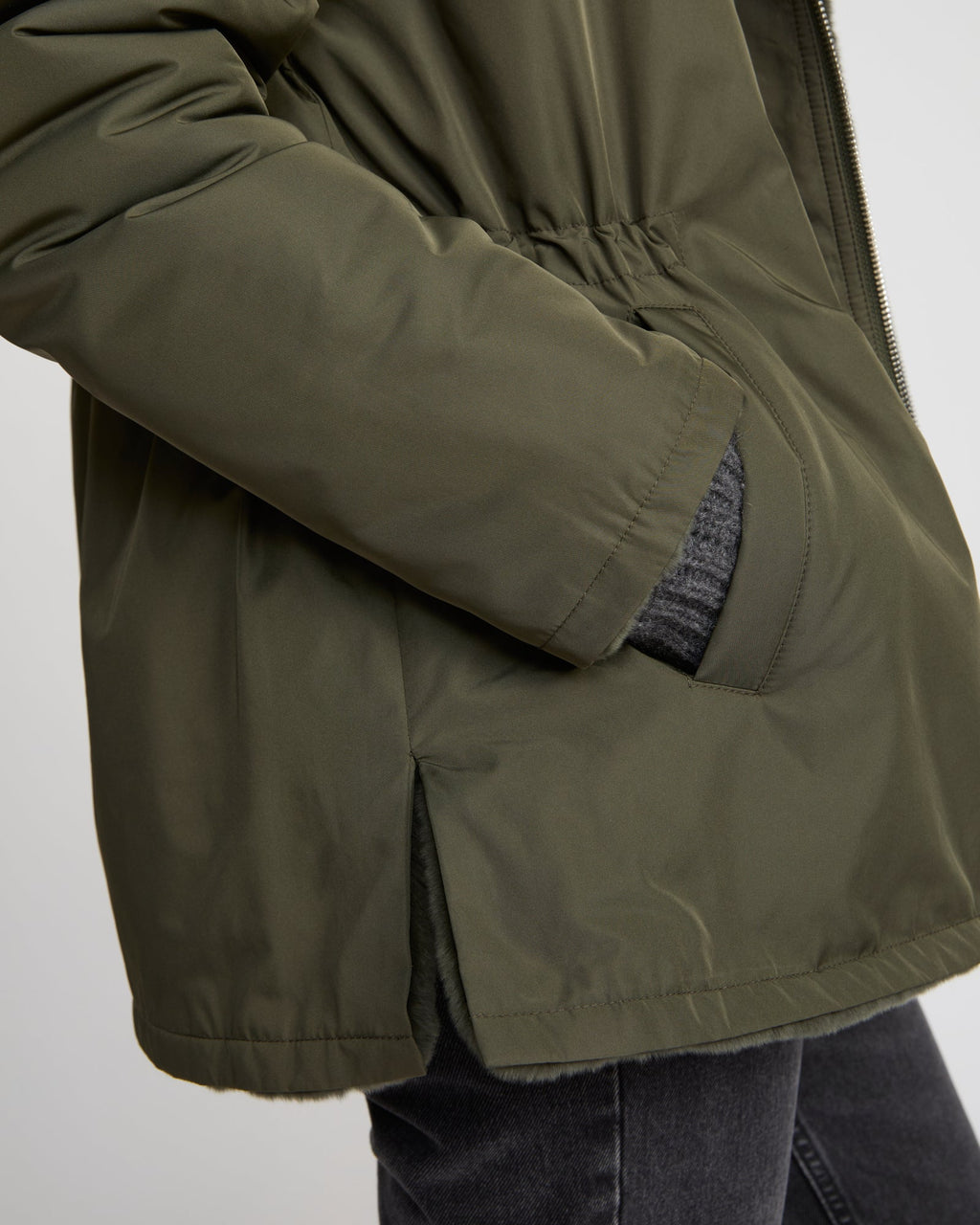 Reversible hooded jacket in rabbit rex fur and technical fabric