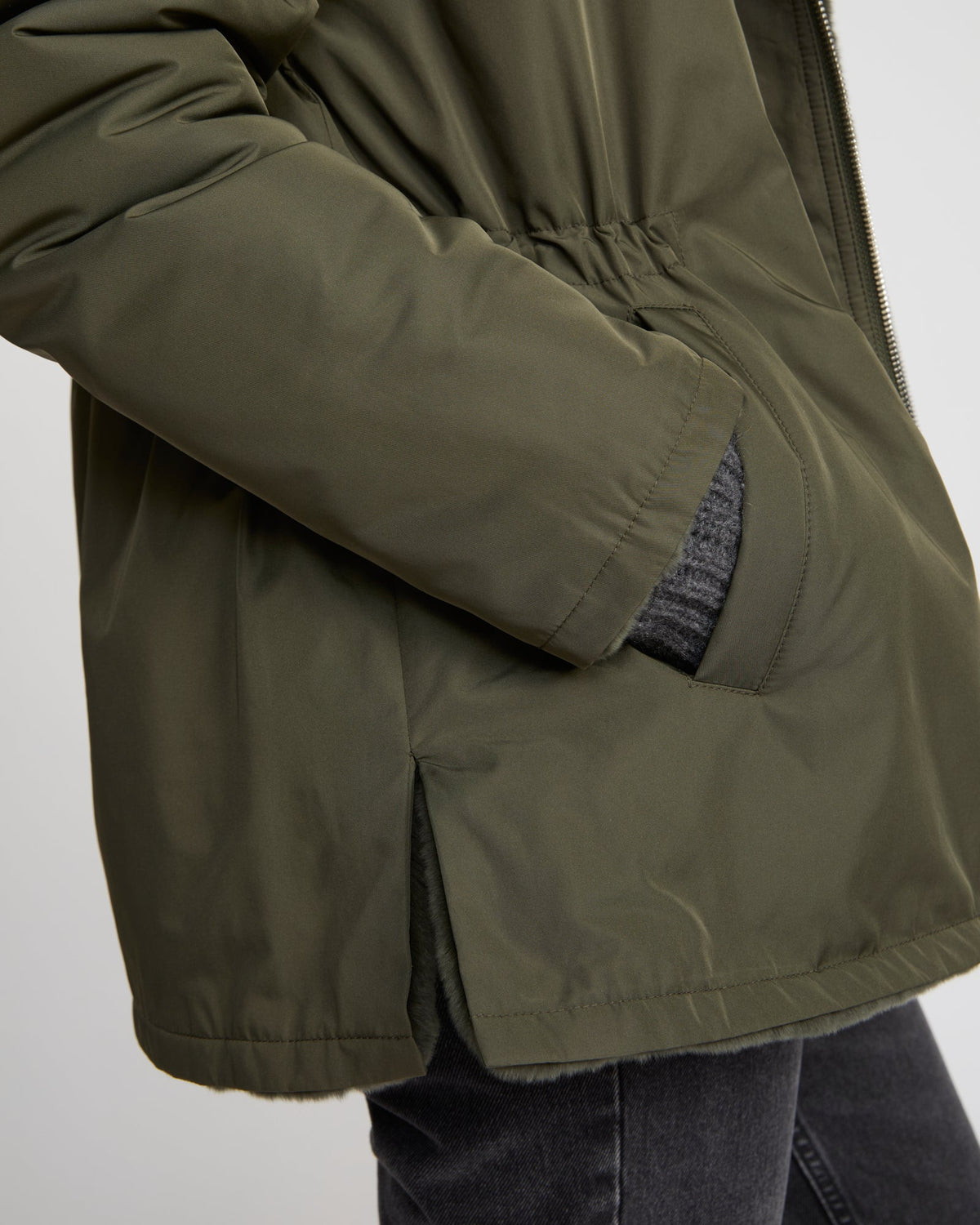 Reversible hooded jacket in rabbit rex fur and technical fabric