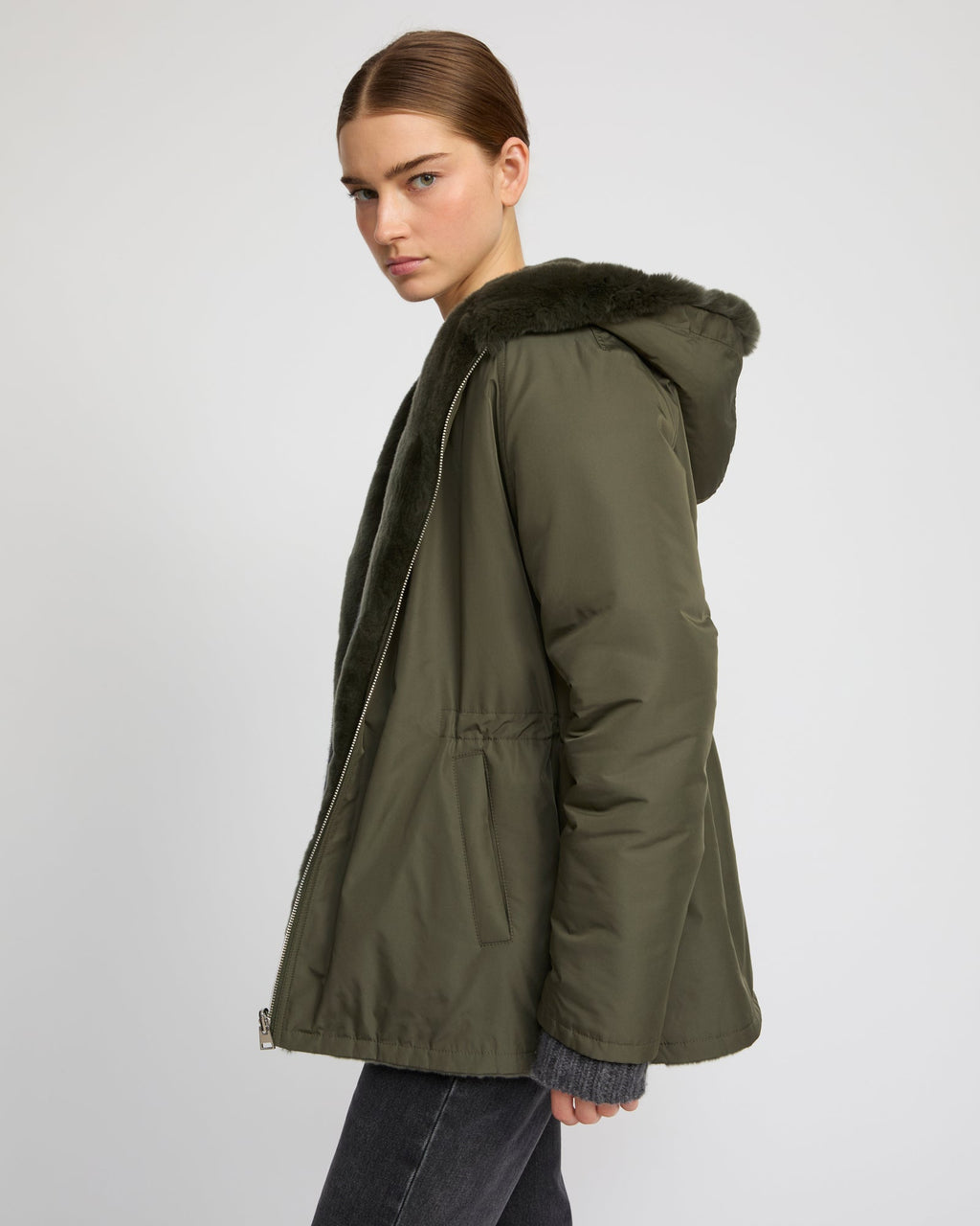 Reversible hooded jacket in rabbit rex fur and technical fabric