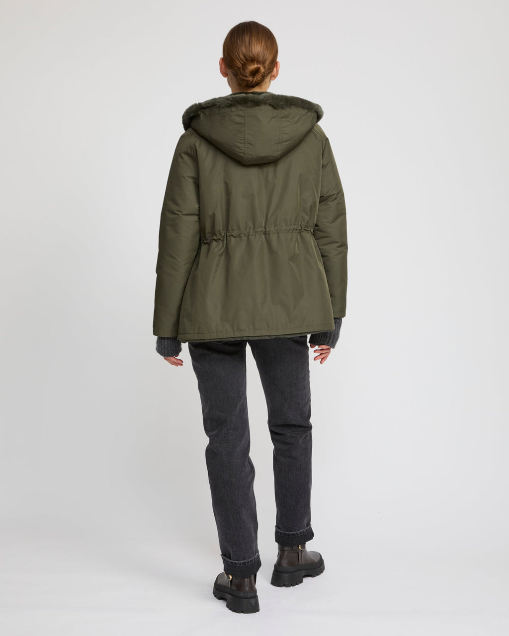 Reversible hooded jacket in rabbit rex fur and technical fabric