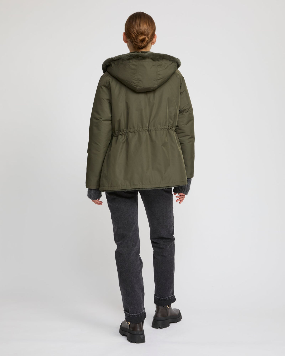 Reversible hooded jacket in rabbit rex fur and technical fabric