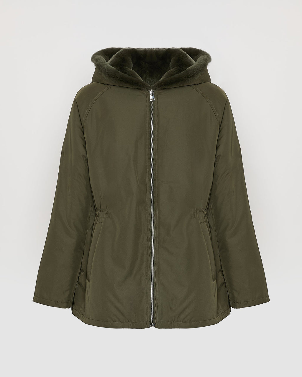 Reversible hooded jacket in rabbit rex fur and technical fabric