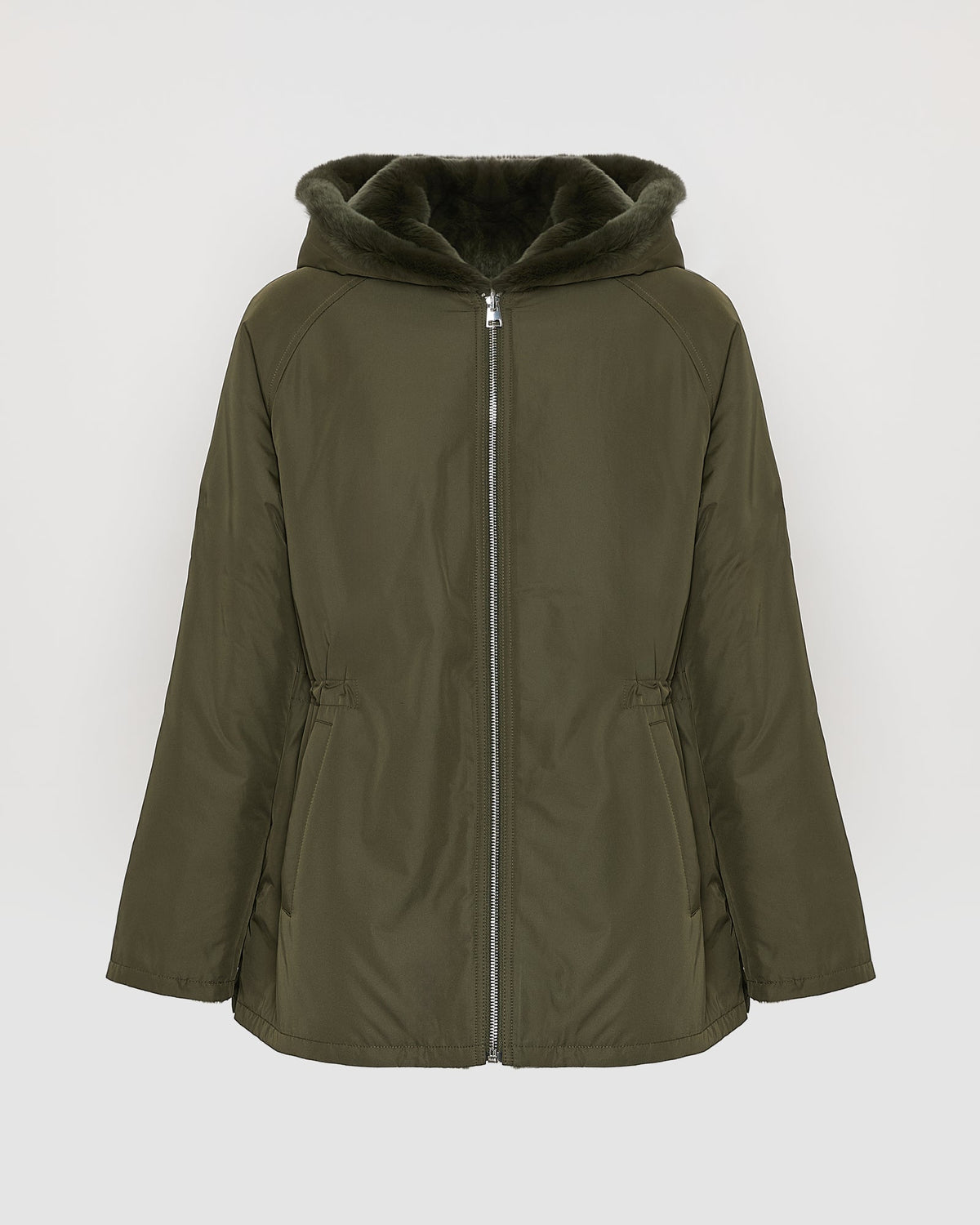 Reversible hooded jacket in rabbit rex fur and technical fabric
