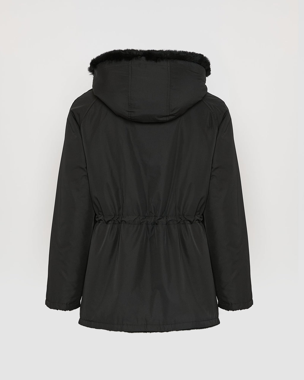 Reversible hooded jacket in rabbit rex fur and technical fabric