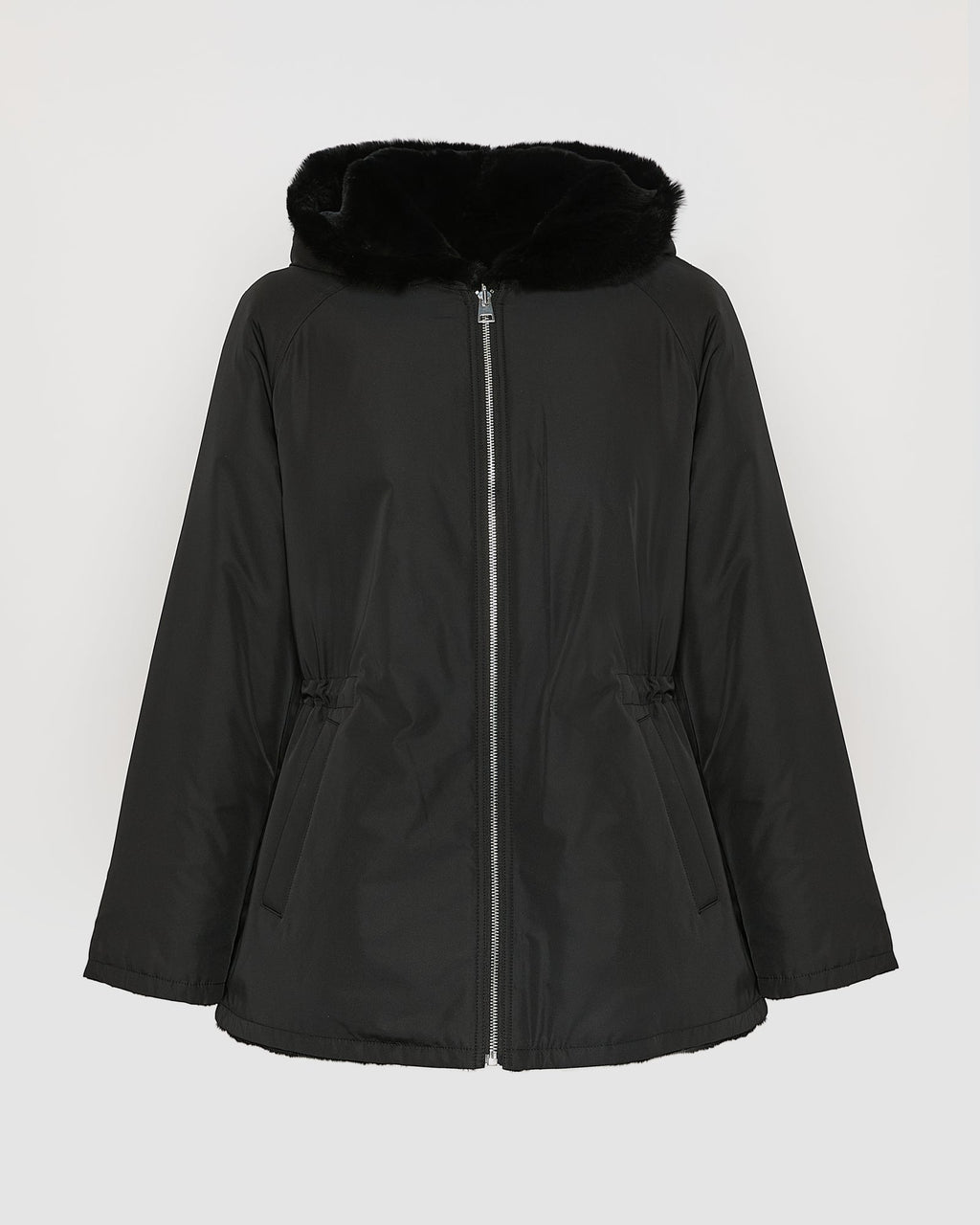Reversible hooded jacket in rabbit rex fur and technical fabric
