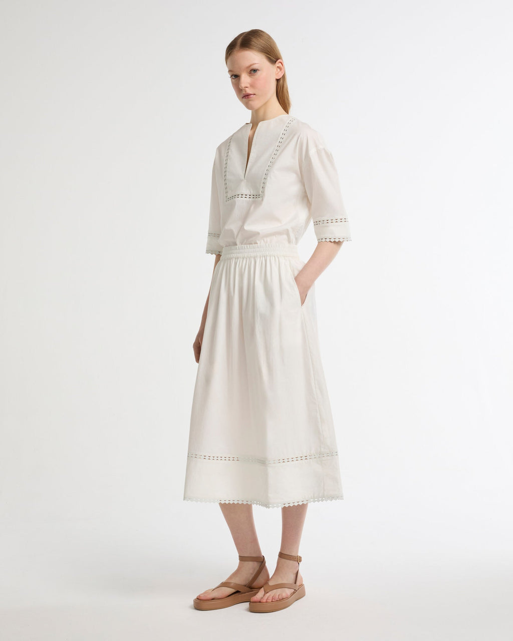 Poplin skirt with leather details