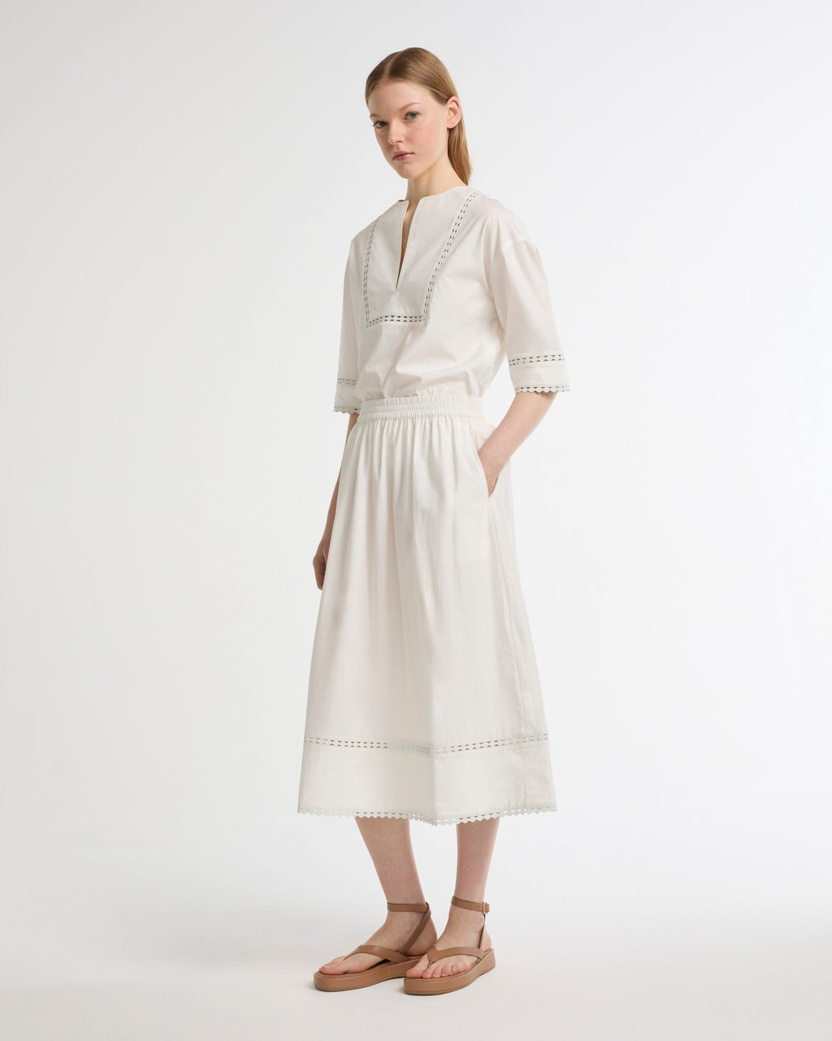 Poplin skirt with leather details