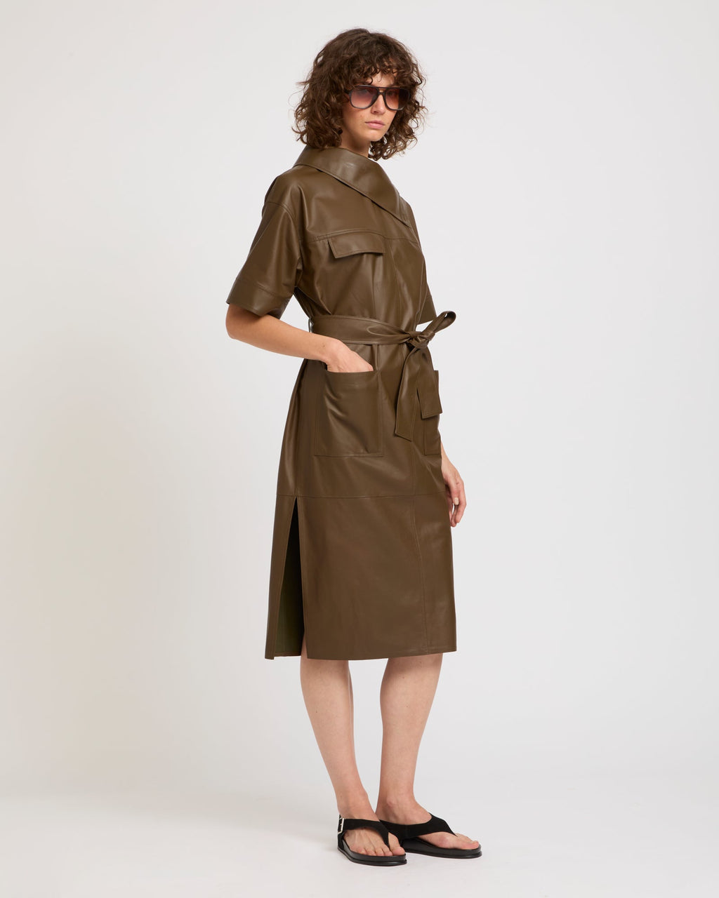 Belted dress with asymmetric leather collar
