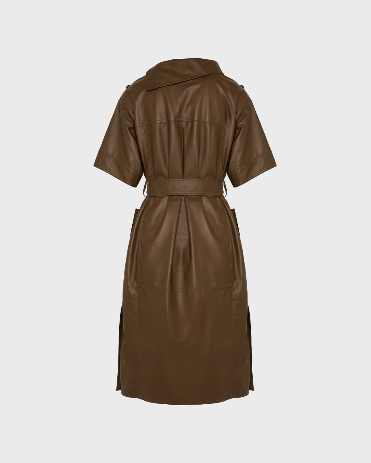Belted dress with asymmetric leather collar