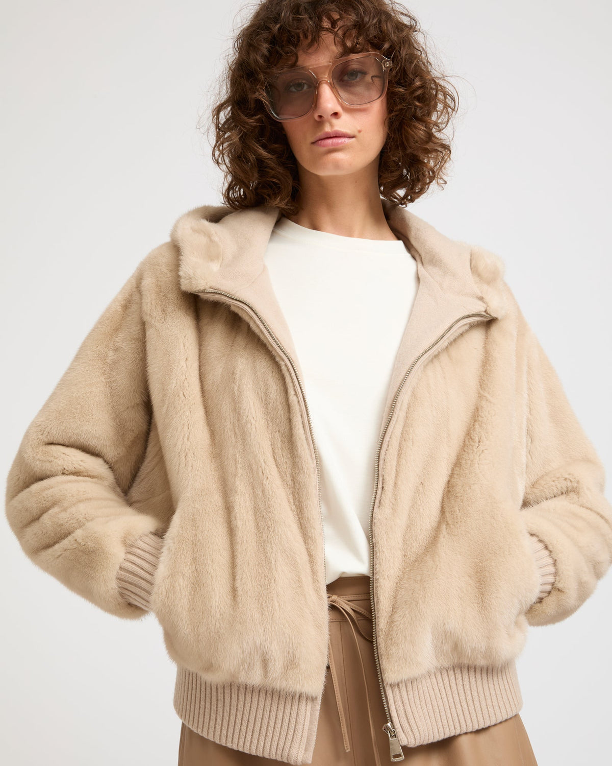Merino knit and mink fur hooded blouson