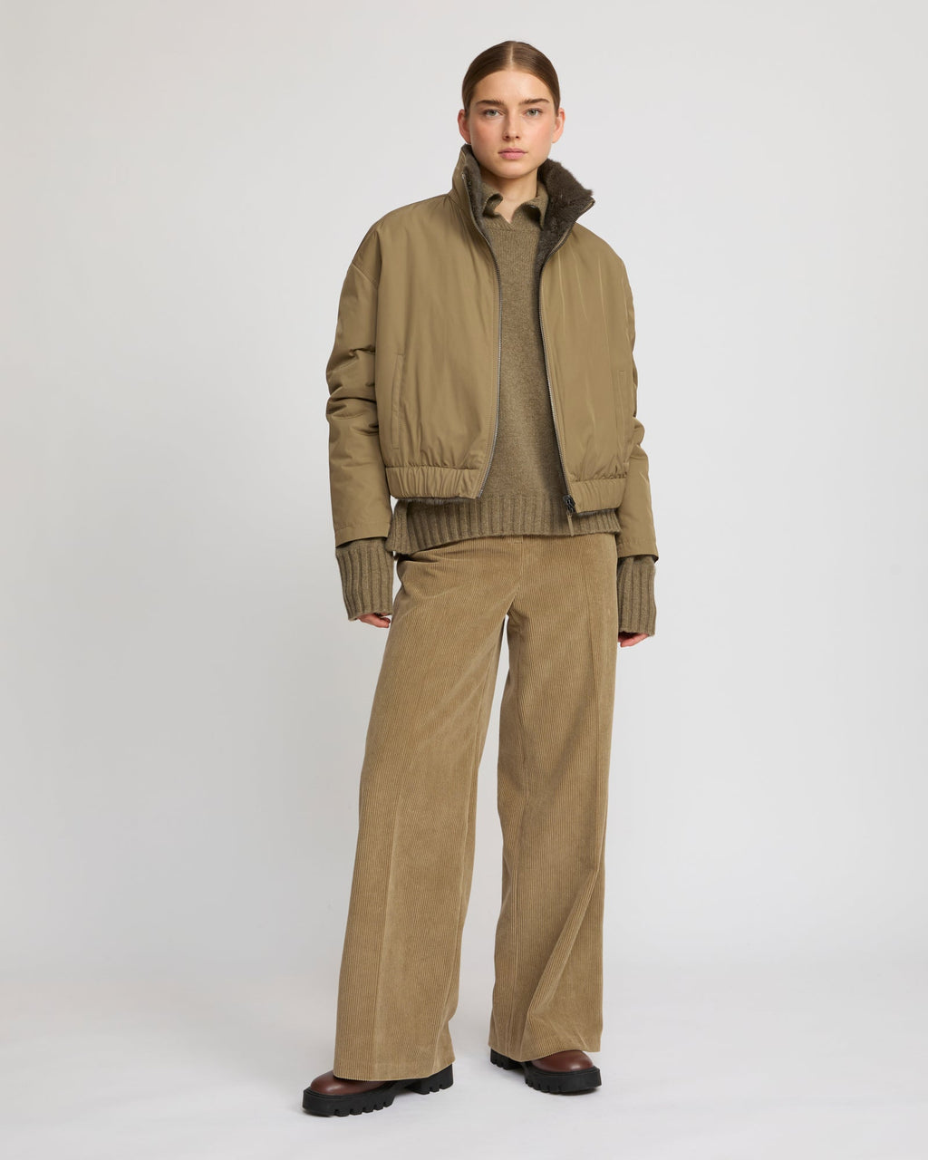 Reversible jacket in mink fur & technical fabric with stand collar