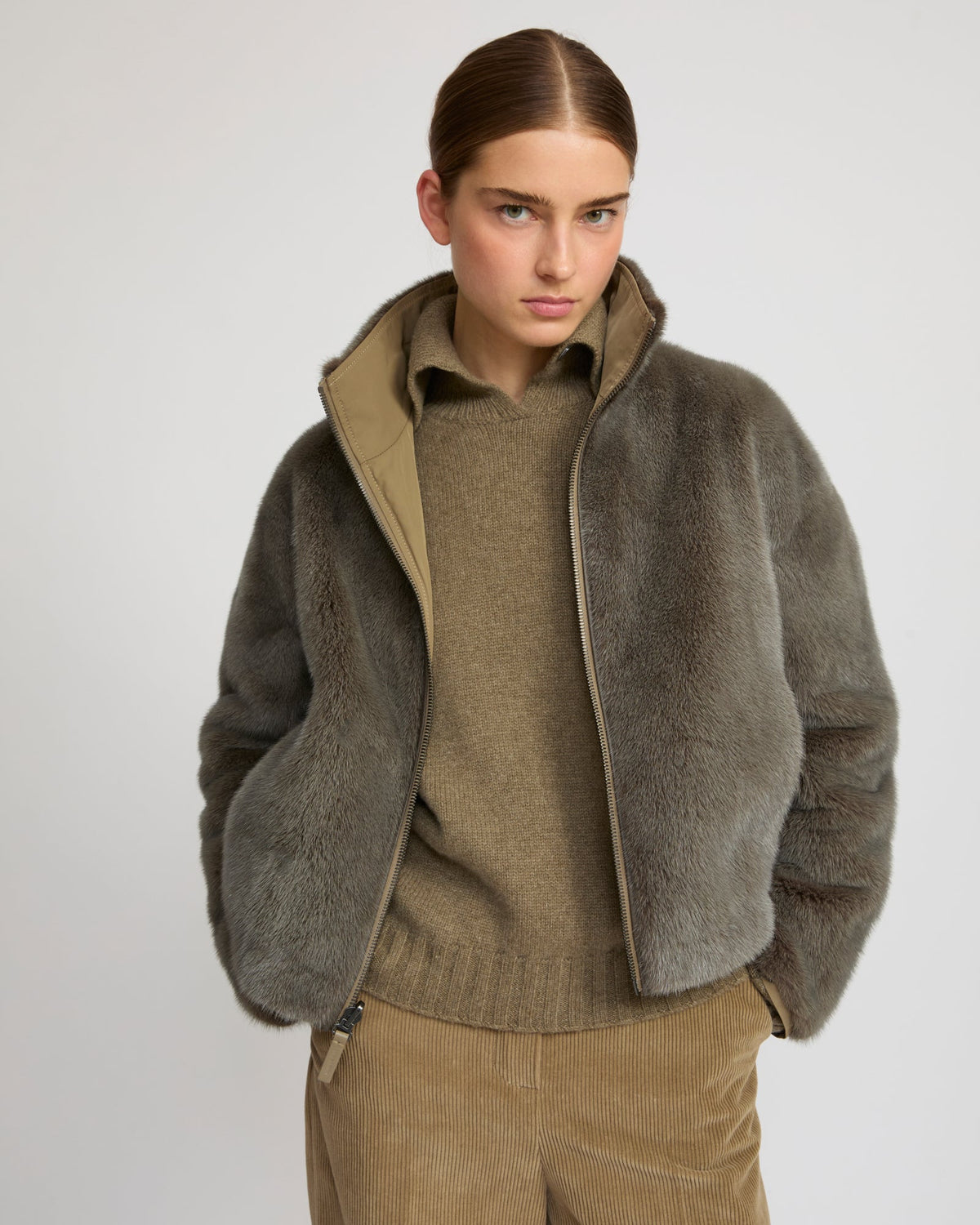 Reversible jacket in mink fur & technical fabric with stand collar