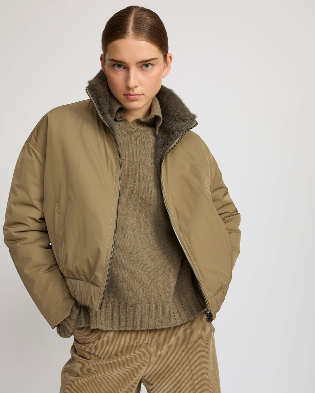 Reversible jacket in mink fur & technical fabric with stand collar